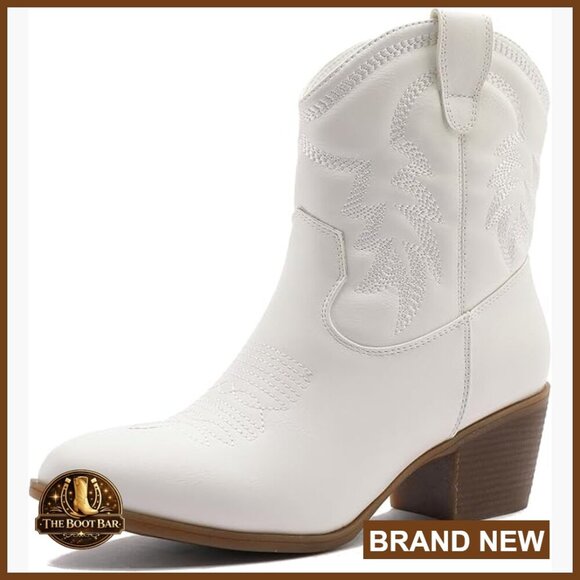Shoes - Mid Calf Western Cowboy Boots with 2-Inch Heel and Side Zipper